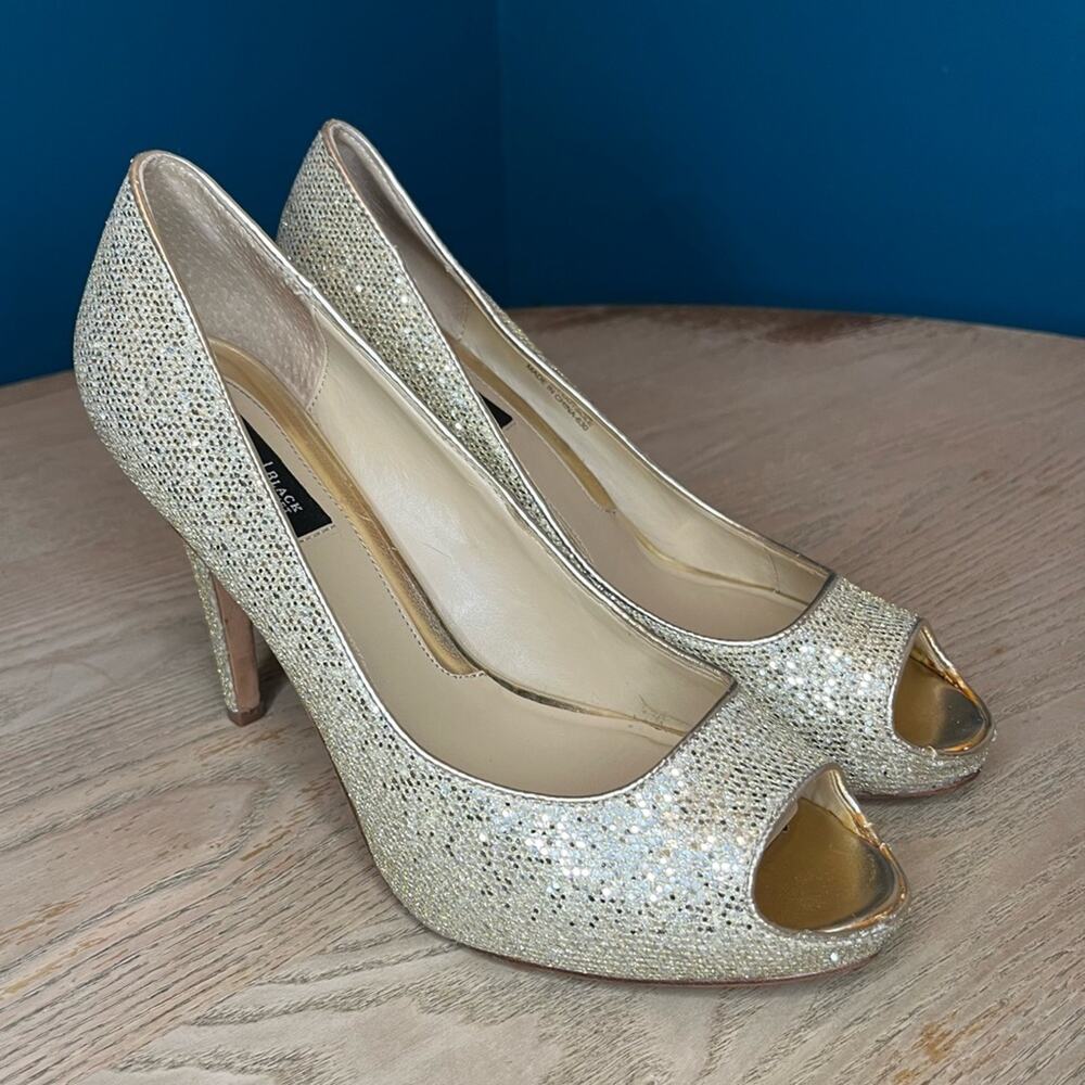 White House Black Market Dancer Gold Glitter Peep Toe Pumps Heels Size 7.5